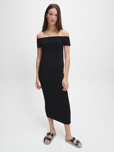 Calvin Klein Ruhák HU316557 | Calvin Klein Organic Cotton Logo Off-Shoulder Női Ruha Fekete